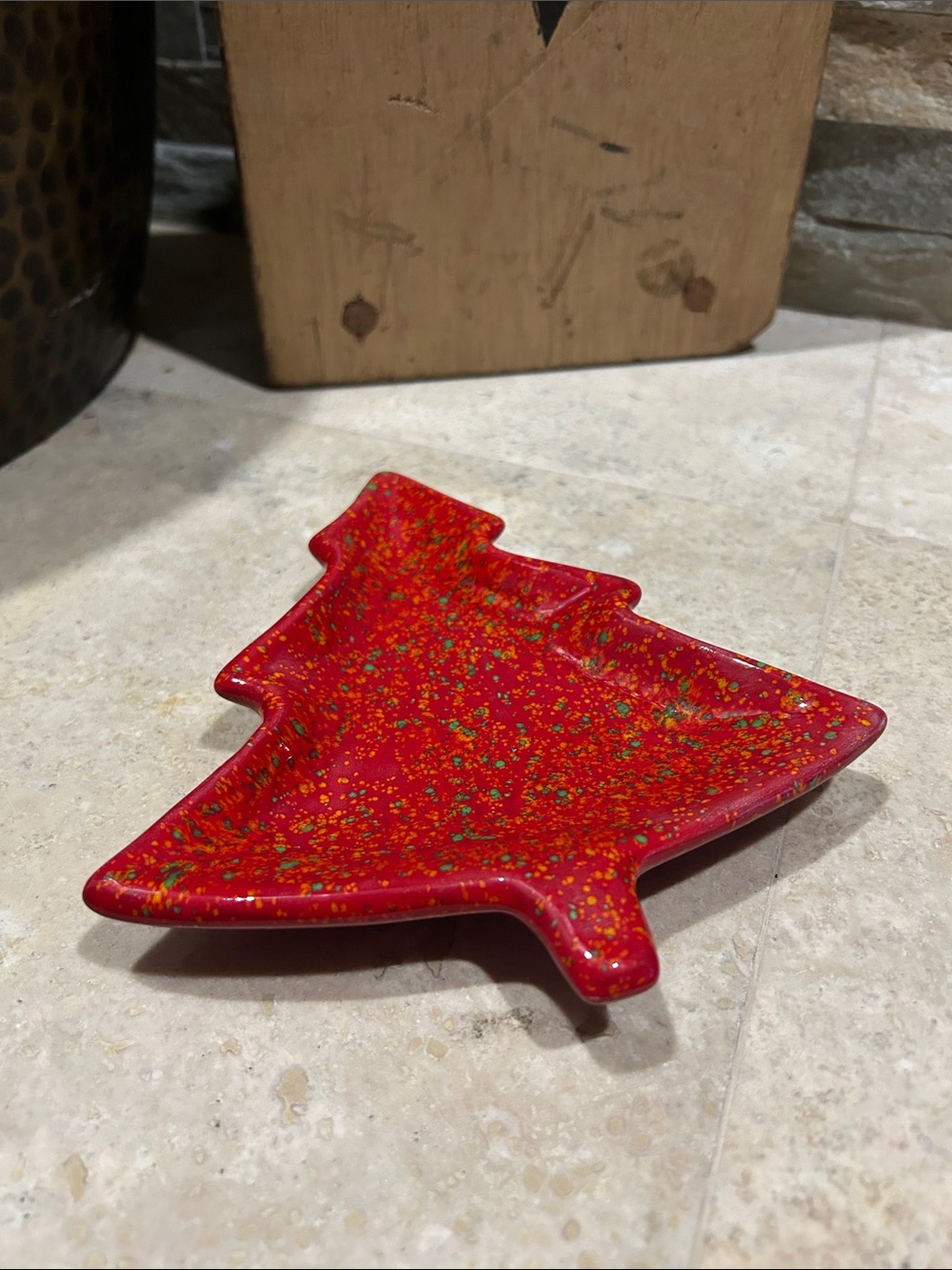 vintage speckled ceramic Red Christmas Tree Trinket Dish